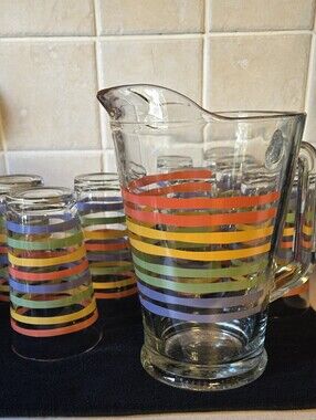 Rainbow Striped Glass Pitcher and Tumblers Set